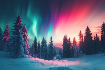 Wall Mural - An idyllic winter landscape bathed in the colorful lights of the Aurora Borealis, with pine trees dusted in snow. 8k