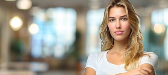 Wall Mural - Confident american woman flexing biceps on blurred background with copy space, fitness concept