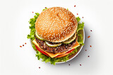Fototapeta Przestrzenne - delicious burger on plate isolated on white background, top view of delicious burger