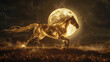 A celestial gold-coated horse running under the glow of a full moon, its silhouette a mesmerizing sight against the night sky.