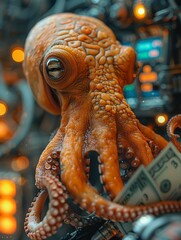 Wall Mural - A cartoonish octopus holding a stack of 10 bills