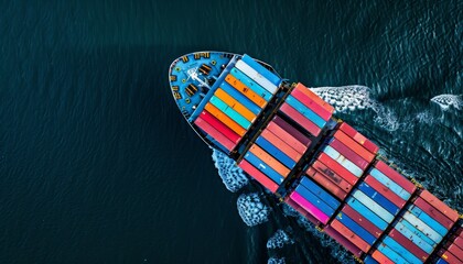 Wall Mural - Container ship fully loaded in vibrant blue ocean front view with clear sky on a sunny day