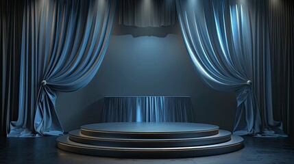 Wall Mural - 3d podium blue background and fabric curtain with spotlight luxury - generative ai