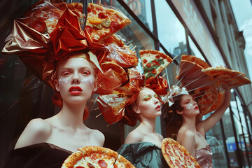 Wall Mural - 
Three women wearing pizza hats and holding pizza slices. Scene is playful and fun
