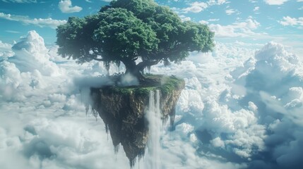 Wall Mural - A tree with horizon-spanning branches anchors the island, which floats in midair and is home to a variety of hanging gardens and waterfalls that drop into the clouds below. 