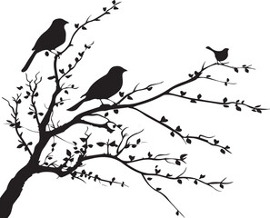 set of birds on a tree branch black silhouette isolated white background