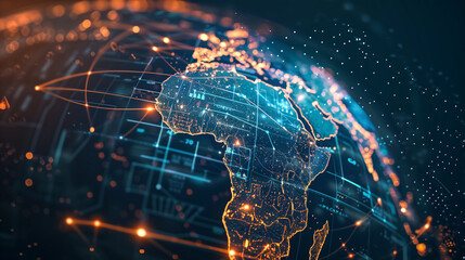 digital world globe centered on africa, concept of global networ