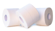Front View Of Tissue Paper Or Toilet Paper Rolls In Stack Isolated On White Background With Clipping Path