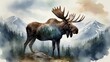 moose, mountains, double exposure, watercolor, digital art