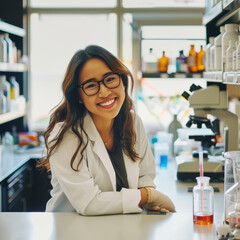 portrait happy female science professor in college laboratory asian american.