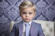 Amidst a backdrop of solid periwinkle, an adorable and extremely beautiful child prodigy in business attire steals the scene, defining a unique sense of style.