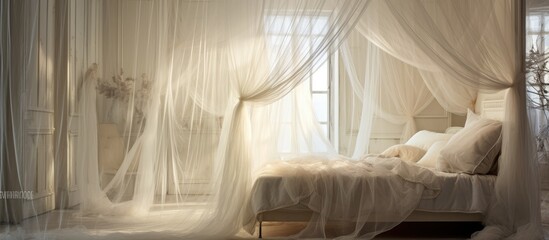 Poster - A bedroom featuring a bed adorned with delicate sheer curtains, creating a soft and elegant atmosphere. The curtains drape gently, adding a touch of romance and sophistication to the rooms decor.