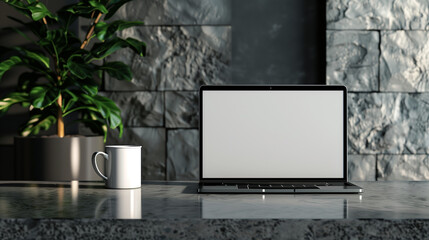 Laptop mock up on simple  clean desk with brick wall in background