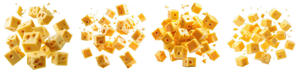 Sticker - Flying delicious cheese cubes   Hyperrealistic Highly Detailed Isolated On Transparent Background Png File