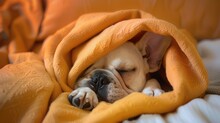 Show A Playful French Bulldog Puppy That Has Tired Itself Out And Is Now Sleeping Soundly, Half-buried Under A Soft Blanket With Just Its Face Peeking Out From A Pillow Fortress. 8k