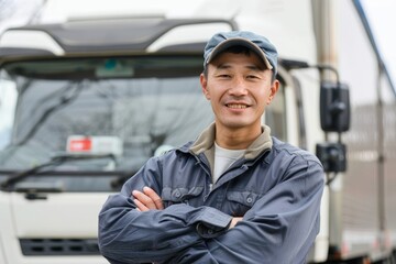 Poster - Confident Asian truck driver standing in front of his truck