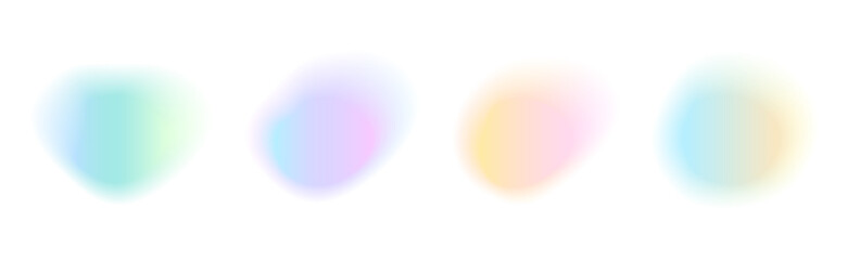 Set of abstract color gradient free form isolated on white backgrounds. Collection of colorful blend mesh with soft neon light. Holographic iridescent round circles with liquid vibrant gradient blur.