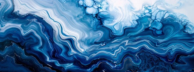  Dynamic blue liquid paint waves with splashes on a white background, creating a fluid and rhythmic abstract pattern.