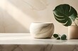 Minimal empty white marble stone counter table top, green house plants in sunlight, plant leaf shadow on beige wall, luxury organic cosmetic, skincare, beauty treatment product mock up background. Gen