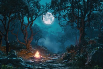 Wall Mural - enchanted forest scene with a magical bonfire glowing softly under the moonlight, surrounded by anci