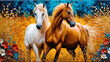 Two horses in a field of flowers. Oil painting on canvas.