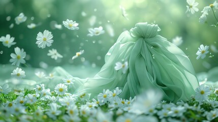 Wall Mural - A pastel green cloth floated in the air. There were petals and flowers floating around. The concept gives off the scent of fabric softener.