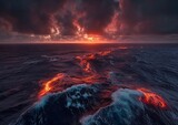 A surreal portrayal of a sea wave imbued with volcanic lava, a powerful representation of nature's untamed forces and the raw beauty of elemental fusion