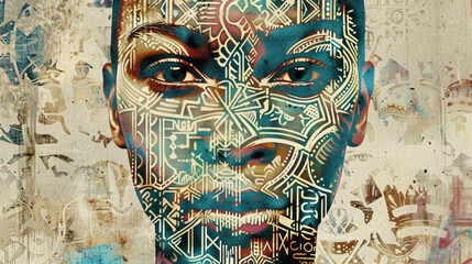 Wall Mural - A stencilstyle portrait of a person of color created with layers of intricate patterns and symbols that speak to their cultural heritage and identity.