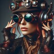Avant Garde steampunk lady wearing  headphones and visor glasses, music concept