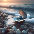 Blue Earth planet inside a oyster shell washed ashore on a beach on the seashore, Treasure washed ashore concept