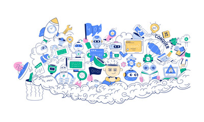 Wall Mural - programming mural in doodle style designed with various development elements