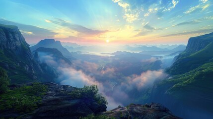 Wall Mural - The view from atop a high cliff, overlooking a valley filled with fog 