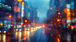 A soft-focus photo of blurred city lights conveys the energy and atmosphere of urban life.