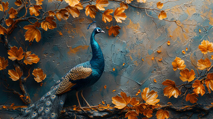 Wall Mural - Abstract artistic background. Decorative artistic background with peacock, retro, nostalgic, golden brushstrokes