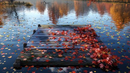 The vibrant reflection of autumn leaves on a still lake, with a wooden dock extending into the water, offering a peaceful spot to observe the seasonal change and the beauty of nature. 8k