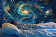 a person sleeping in bed, dreamy and surrealistic scene with the cosmos swirling around them, ethereal light illuminating their face, a galaxy visible through an open window