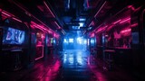 Fototapeta Londyn - Vibrant neon lights illuminate an underground cyberpunk club.