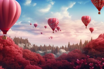 Wall Mural - A group of hot air balloons  floating in the air over a forest, Vintage style 3D illustration of Valentine's day background, Ai generated