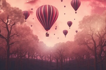 Wall Mural - Colorful hot air balloons fly over the trees, Vintage style 3D illustration of Valentine's day background, Ai generated