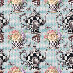 Alice in Wonderland cute VINTAGE STYLE watercolor seamless pattern 