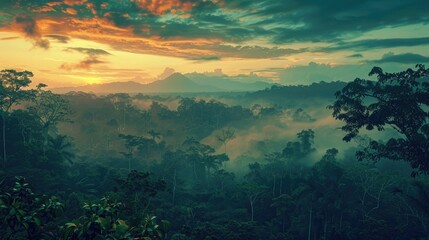 Wall Mural - The magical moment just before sunrise in the Amazon, where the silhouette of the jungle is set against a sky transitioning from night to day, promising the start of a vibrant morning. 8k