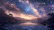 The galaxy's core brightly visible in a panoramic night sky over a crystal-clear lake, surrounded by silhouettes of hills and trees, creating a stunning contrast between the cosmic and the earthly. 8k