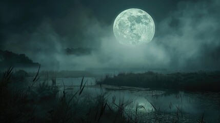 Wall Mural - the full moon casts a pale light over a misty swamp, with shadows and shapes forming an ominous land