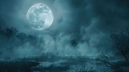 Wall Mural - the full moon casts a pale light over a misty swamp, with shadows and shapes forming an ominous land