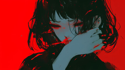 Poster - anime depressed face with red background