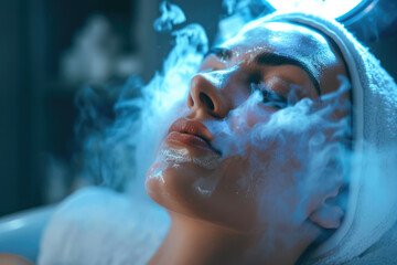 Canvas Print - Beautiful woman on ozone therapy with facial steamer in beauty salon