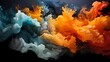 Torrent of midnight blue and fiery orange liquids colliding with immense force, forming an abstract display of vivid energy