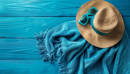 Wall Mural - Blue towel with hat and summer beach, waves, blue sky, concept, vacation, festival, travel
