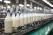 bottles of milk on a conveyor belt in a factory, sea of milk, top milk brands