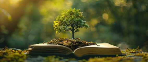 A small tree is growing out of a book. The tree is surrounded by dirt and moss, and the book is open to a page with a tree illustration. Concept of growth and life